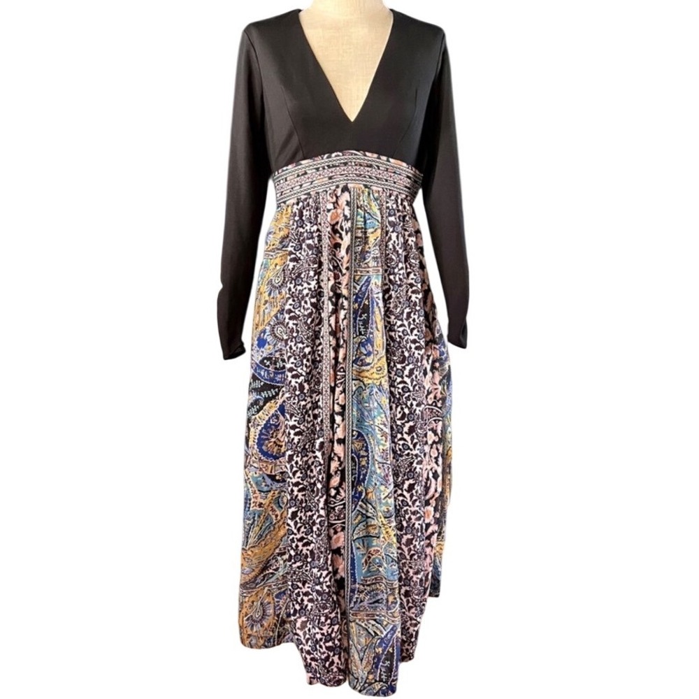 Anthropologie Mixed Media Maxi Dress 8 Black Multi Boho Paisley Floral Patchwork